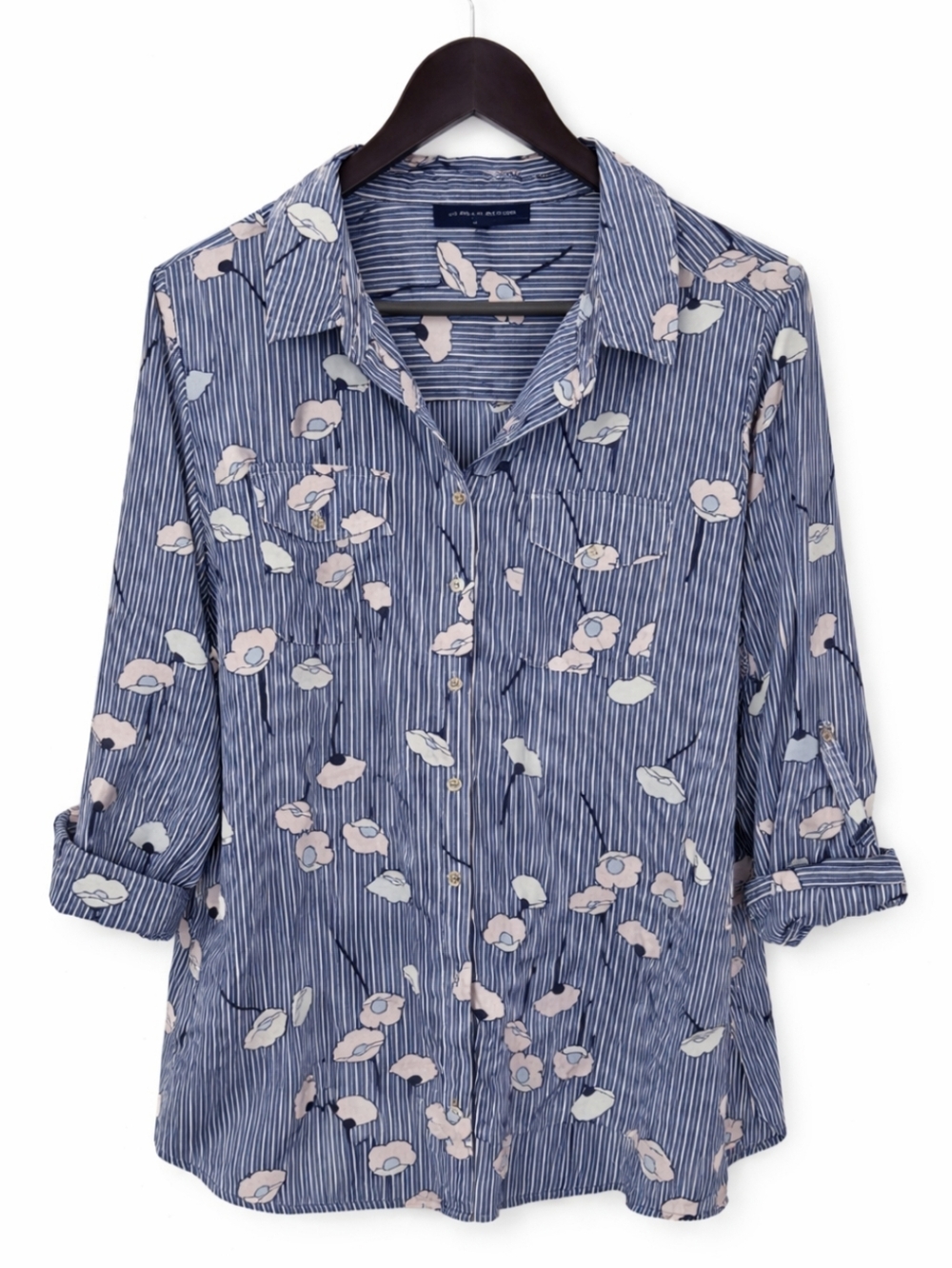 Tommy Hilfiger Blue Striped Floral Roll Tab Sleeve Blouse Size 0X